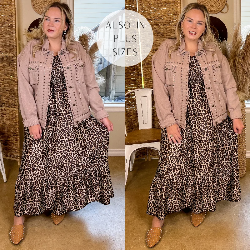 Always Impressed Cropped Denim Jacket with Silver Studs in Mauve Brown Fleece Fabric Down Fabric Feather Fabric
