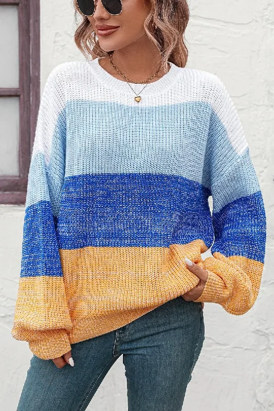 WOMEN RIBBED CREW NECK COLOR BLOCK SWEATER Lightweight Heavyweight Midweight
