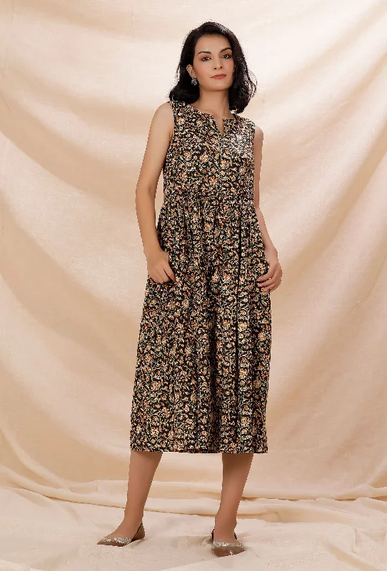 Black Kalamkari Gathered And Flared Cotton Dress