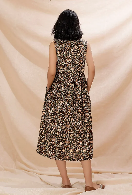 Black Kalamkari Gathered And Flared Cotton Dress