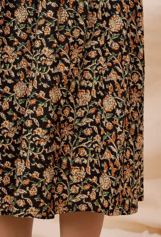 Black Kalamkari Gathered And Flared Cotton Dress