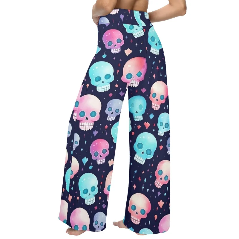 Colorful Skulls On Blue Background Wide Leg Pants