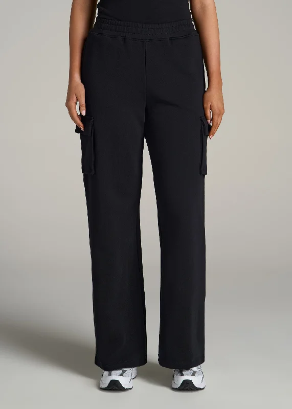 French Terry Wide Leg Cargo Sweatpants for Tall Women in Black