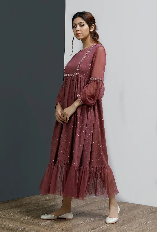 Plum Hand Block Printed Front Gathered Long Dress