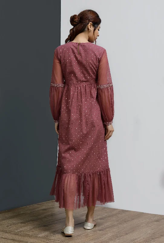 Plum Hand Block Printed Front Gathered Long Dress