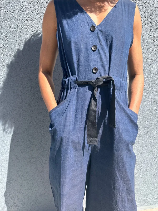 Ariel Romper, deep indigo grid