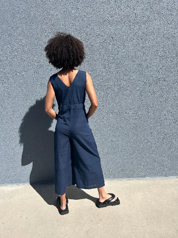 Ariel Romper, deep indigo grid