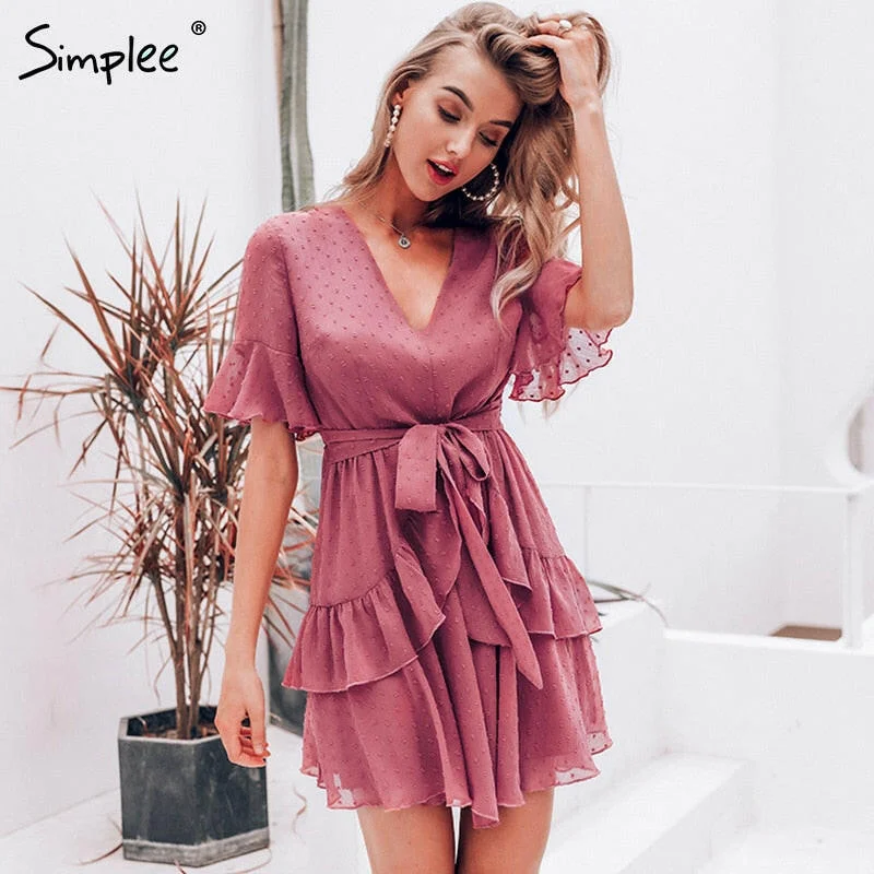 Simplee Sexy v-neck polka dot women dress Summer style layer ruffle chiffon short sundress Elegant zipper holiday vestidos