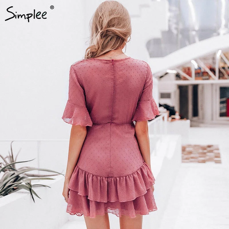 Simplee Sexy v-neck polka dot women dress Summer style layer ruffle chiffon short sundress Elegant zipper holiday vestidos