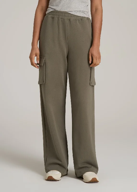 French Terry Wide Leg Cargo Sweatpants for Tall Women in Camper Green