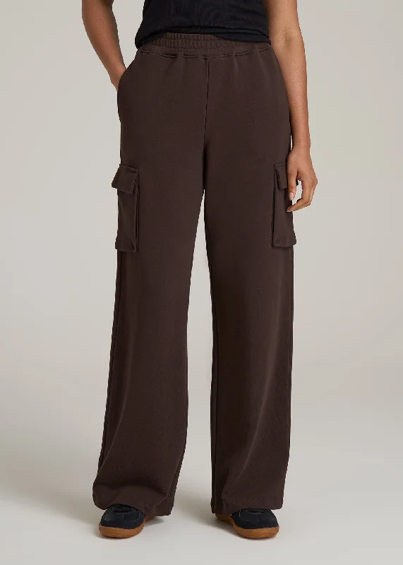 French Terry Wide Leg Cargo Sweatpants for Tall Women in Espresso