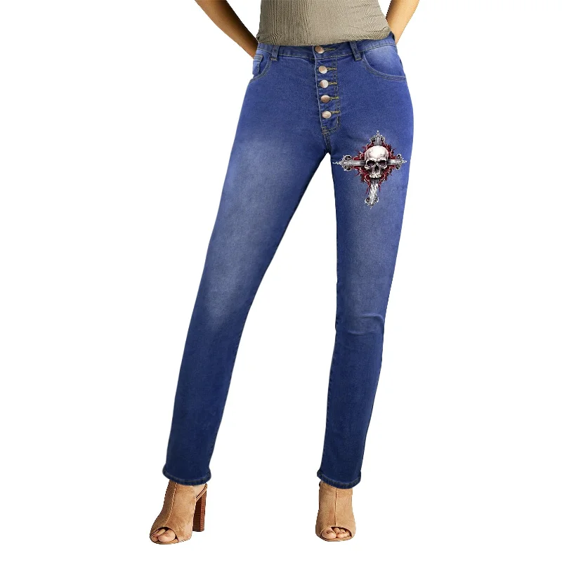 Women's Skull Cross Button Fly Jeans