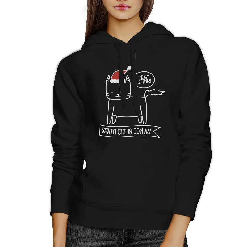 Meowy Catmas Santa Cat Is Coming Black Hoodie