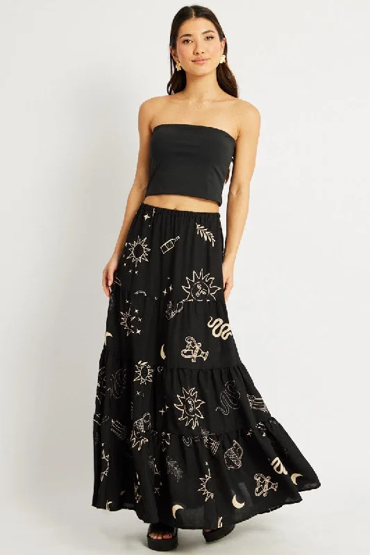 Black Abstract Maxi Skirt Tiered High Rise Elastic Waistband