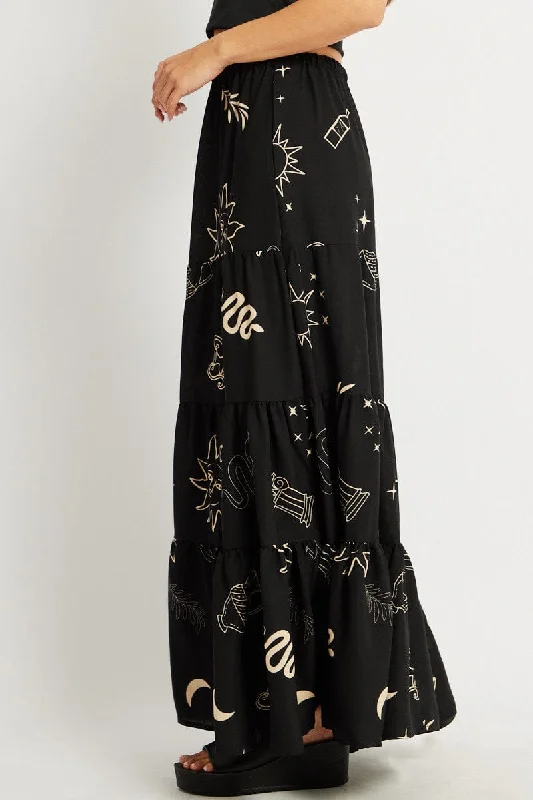 Black Abstract Maxi Skirt Tiered High Rise Elastic Waistband