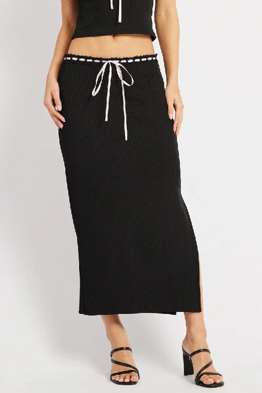 Black Midi Skirt High Rise Lace Detail Rib Jersey