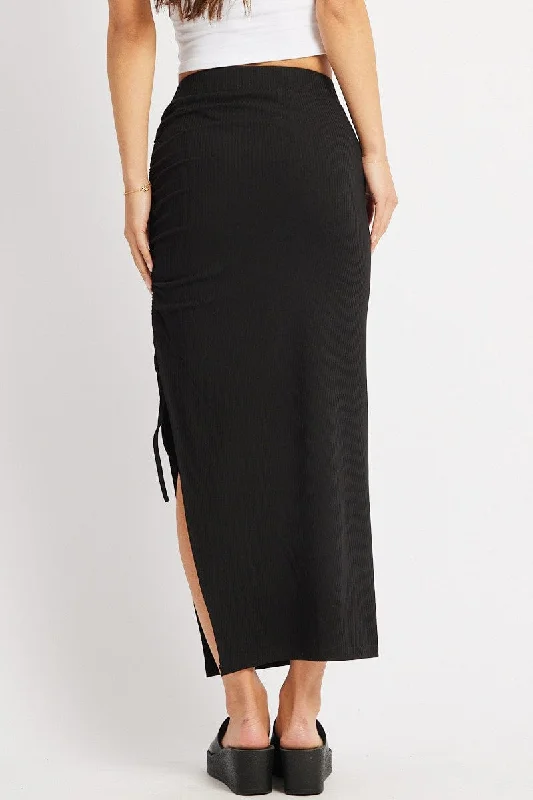 Black Midi Skirt High Rise Side Ruched Elastic Waistband