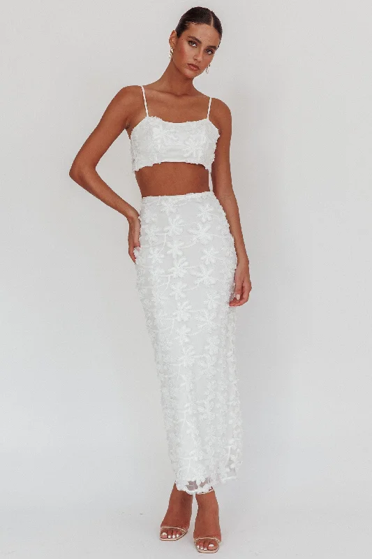 Casi Palm Tree Embroidered Maxi Skirt White