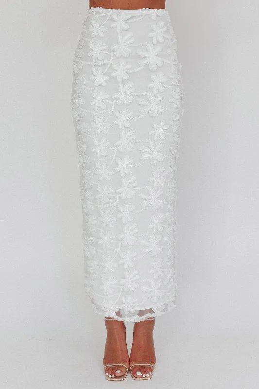 Casi Palm Tree Embroidered Maxi Skirt White