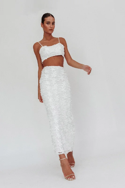 Casi Palm Tree Embroidered Maxi Skirt White