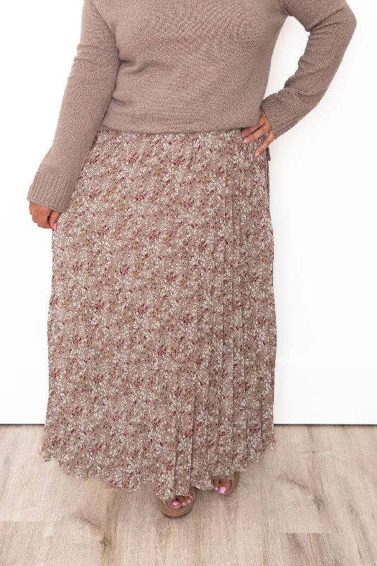 Floral Pleated Midi Skirt - Mocha