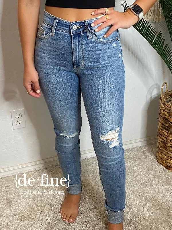 Judy Blue Mid Rise Destroyed and Cuffed Skinny Jeans