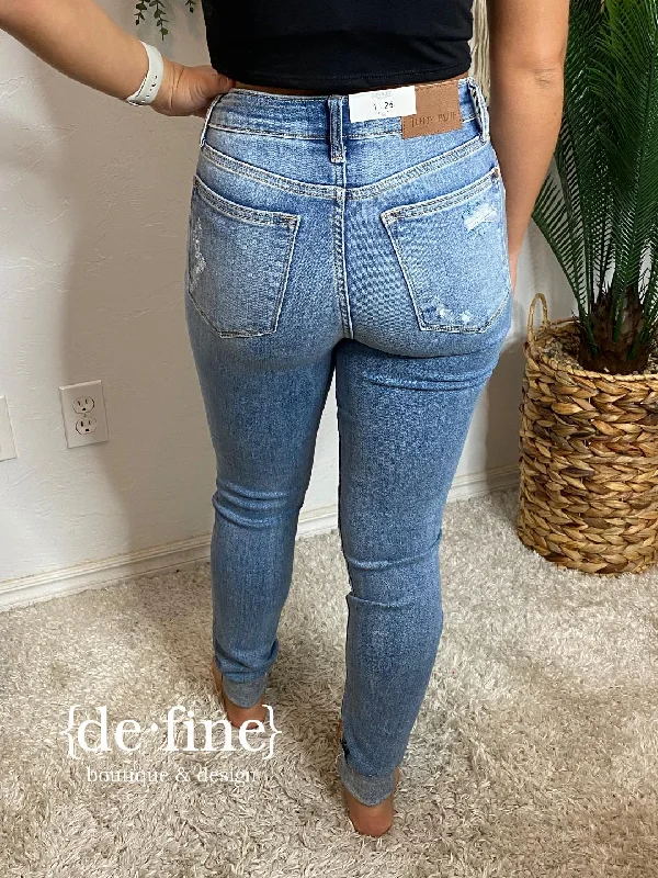 Judy Blue Mid Rise Destroyed and Cuffed Skinny Jeans