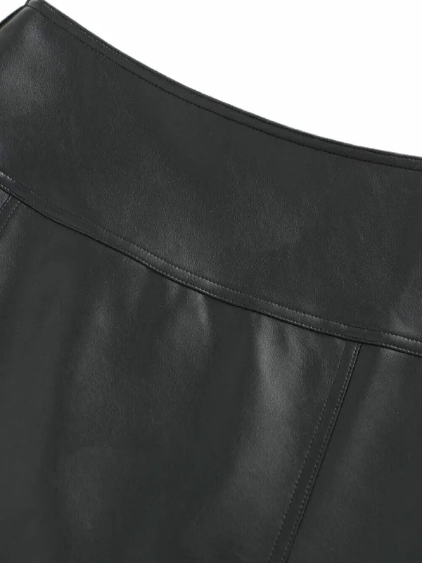 Leather Inverted Pleat Skirt-Black