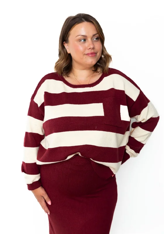 Striped Sweater & Knit Pencil Skirt - Burgundy