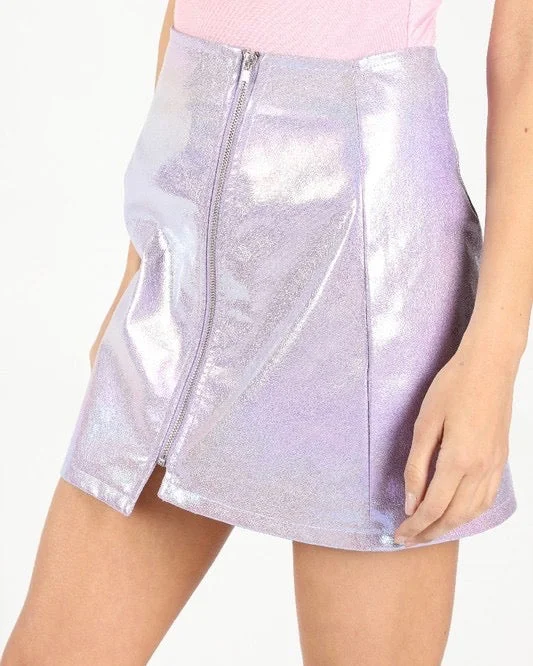 FINAL SALE - Wild Honey - Iridescent PU asymmetrical zip skirt in Holographic Purple