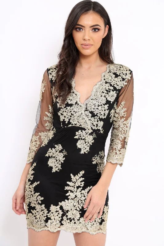 Black And Gold Lace Up Back Mini Dress - Cloe Stylish Summer Mini Dress