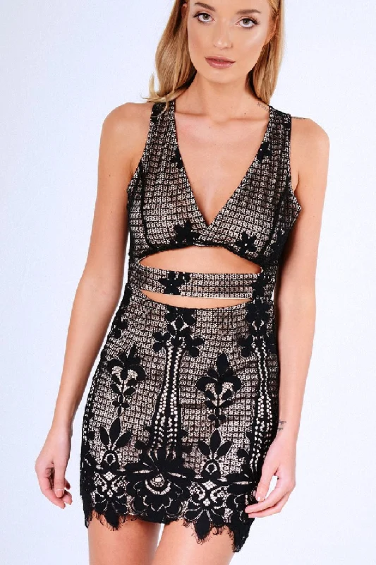Black And Nude Crochet Cut Out Mini Dress - Isaura Stylish Sweetheart Mini Dress