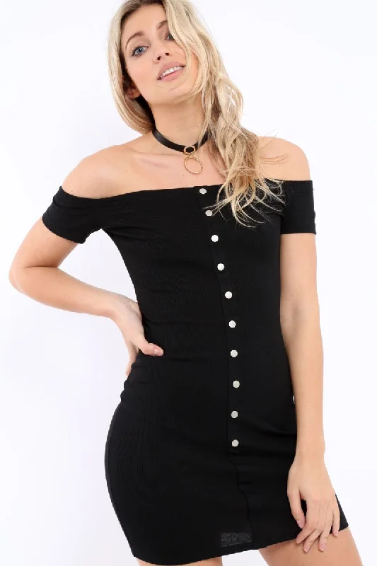 Black Bardot Popper Mini Dress - Angelika Trendy Tulle Mini Dress