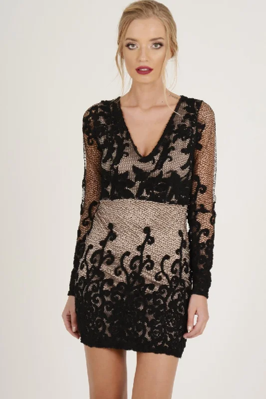 Black Crochet V Neck Mini Dress - Tinashe Stylish Puff Sleeve Mini Dress