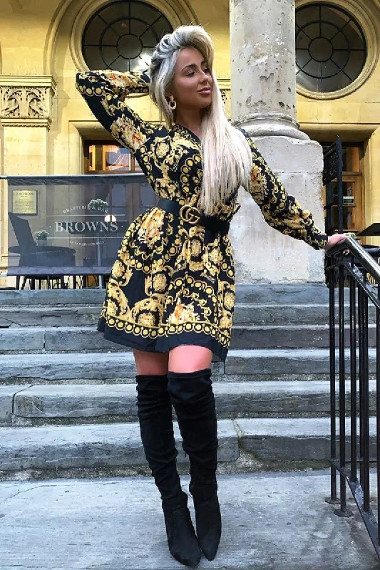 Black Gold Floral Scarf Print Plunge Mini Dress - Sydney Trendy Cut-Out Mini Dress