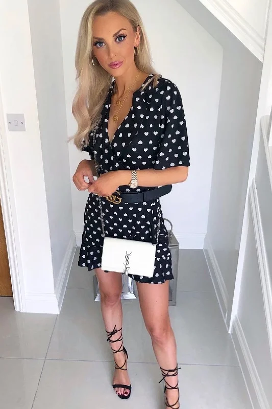 Black Heart Print Plunge Ruffle Detail Mini Dress - Nicolle Trendy Wraparound Mini Dress