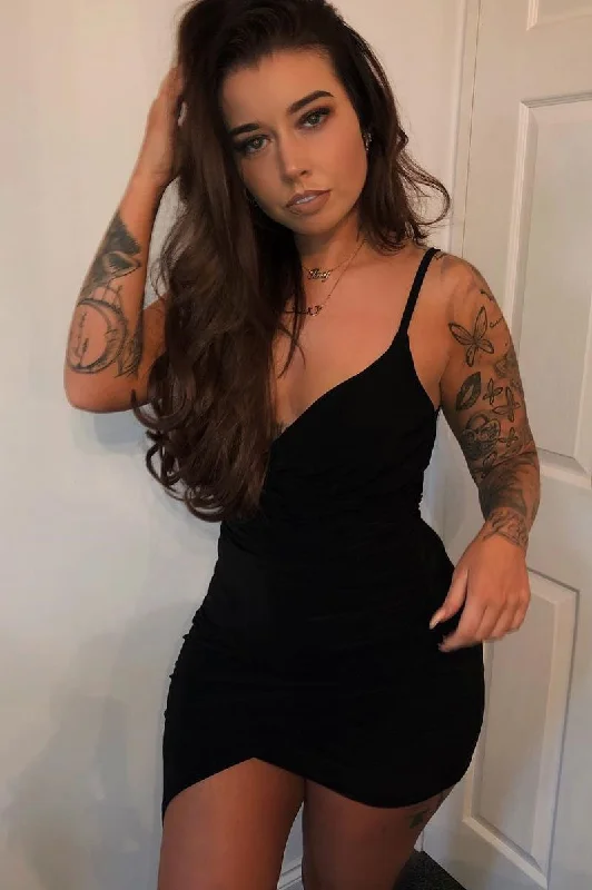 Black Plunge Wrap Front Slinky Mini Dress - Cressie Fashionable Button-Front Mini Dress