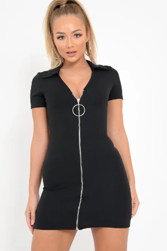 Black Plunge Zip Mini Dress - Arelys Classic Striped Mini Dress