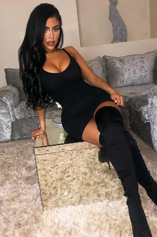 Black Rib Knit V Neck Mini Dress - Amylia Fashionable Off-Shoulder Mini Dress
