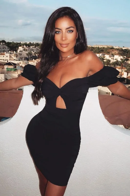 Black Twist Front Puff Sleeve Mini Dress - Dalexa Chic Bohemian Mini Dress