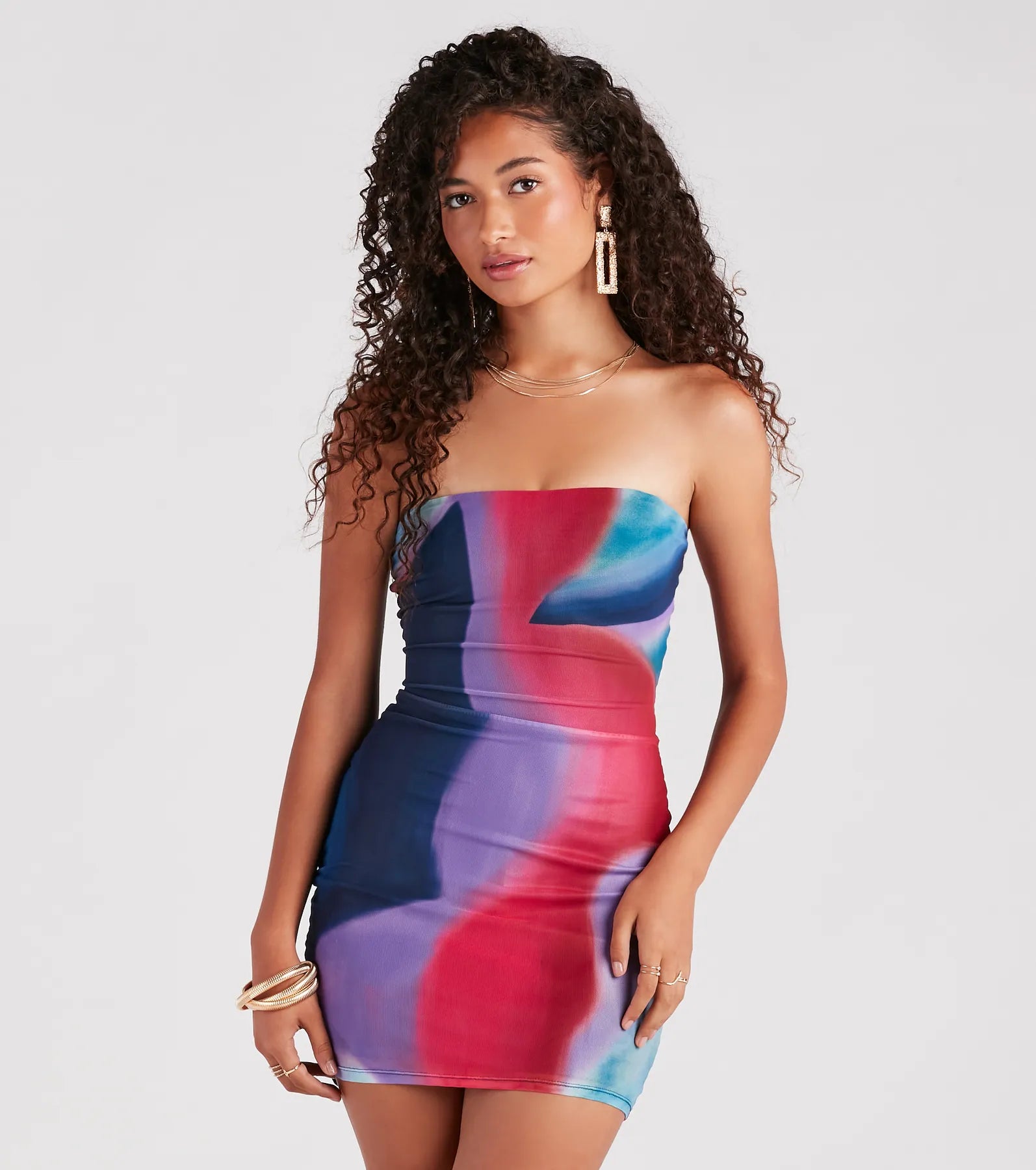 Colorful Style Strapless Abstract Mini Dress Cozy Ruched Mini Dress
