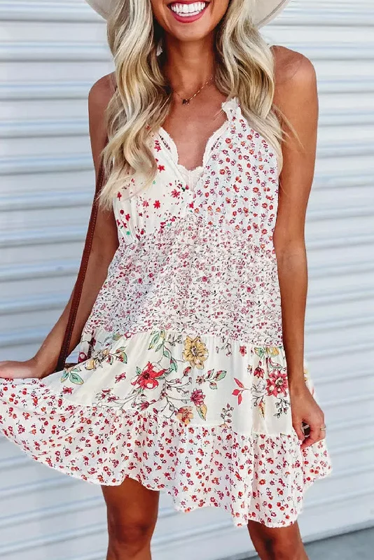 Floral Ruffled Spaghetti Strap Mini Dress Elegant Vintage Mini Dress