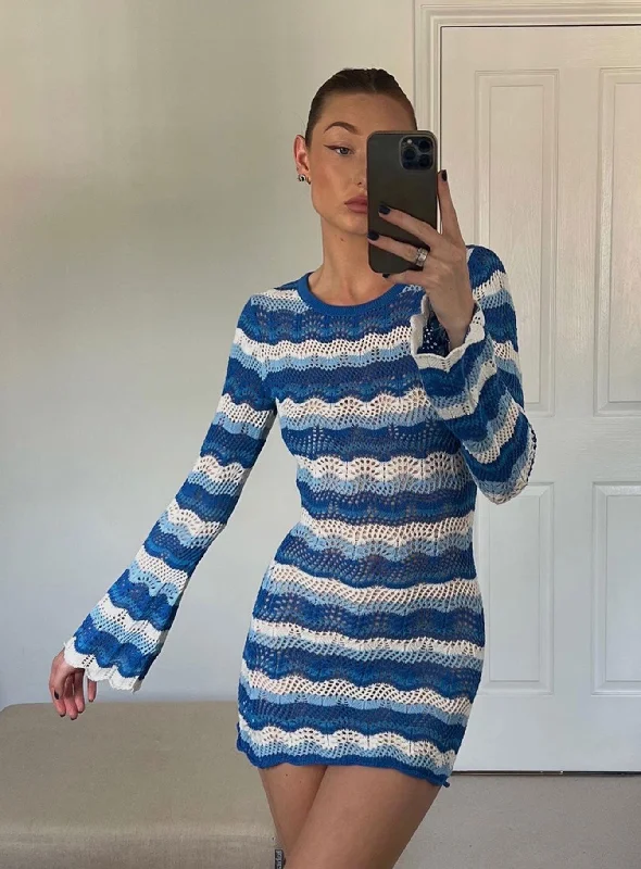 Leah Knit Mini Dress Blue / White Elegant Velvet Mini Dress