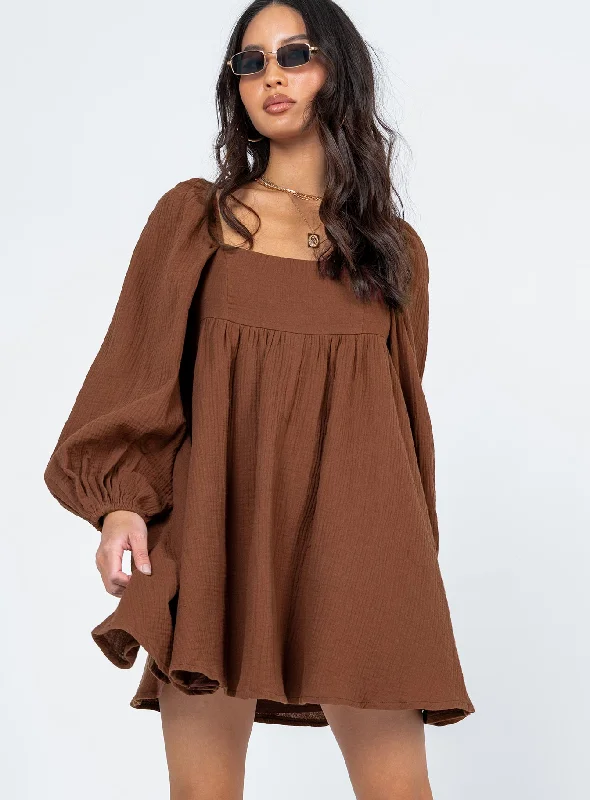 Lorna Long Sleeve Mini Dress Brown Elegant Silk Mini Dress
