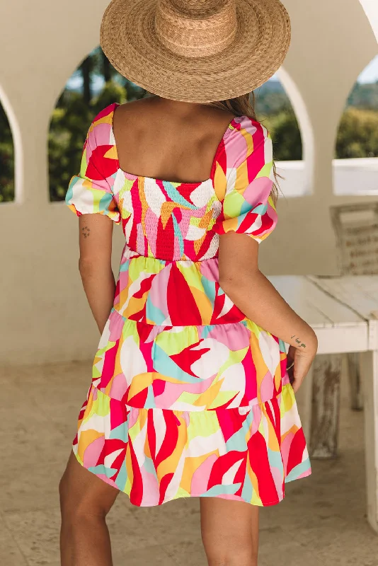 Multicolor Geometric Print Smocked Babydoll Mini Dress Elegant Mini Dress with Ruffles