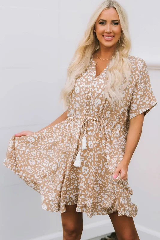 Printed Tassel Drawstring Button V Neck Mini Dress Chic Bohemian Mini Dress