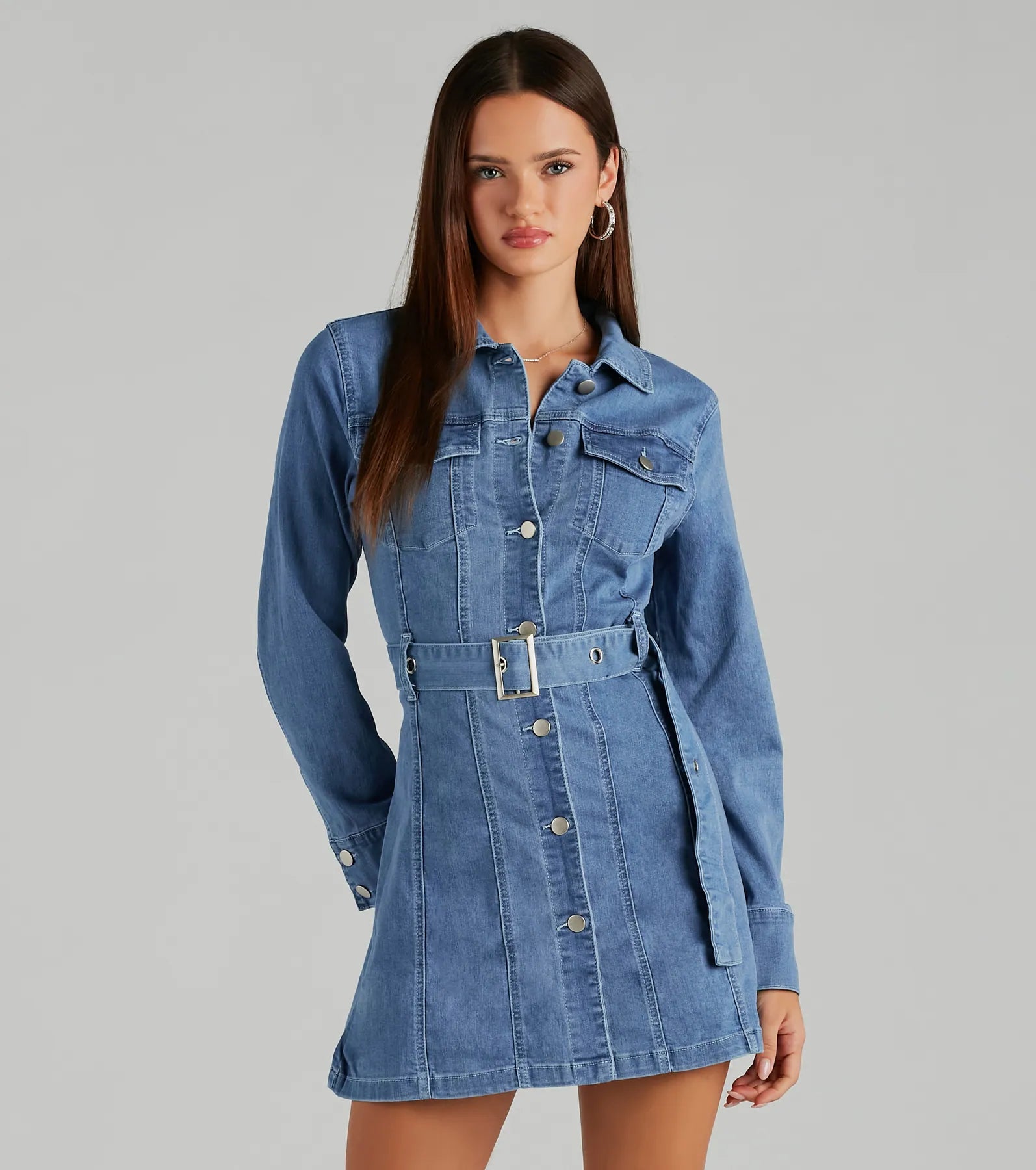 Season Of Fun Denim Collared A-Line Mini Dress Comfortable Casual Mini Dress