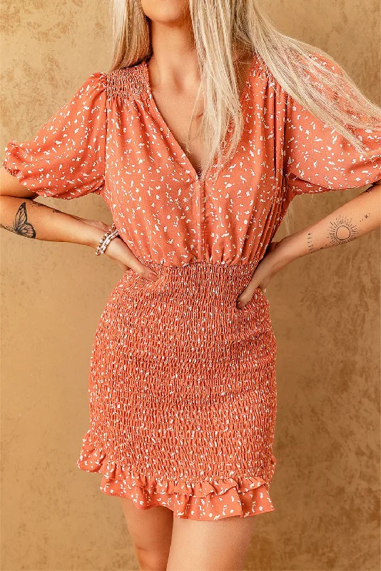 V Neck Printed Smocked Mini Dress Trendy Floral Mini Dress