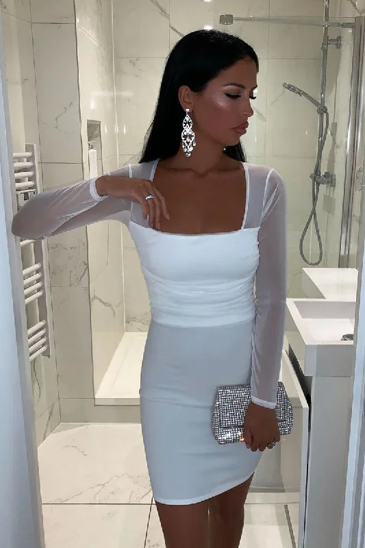 White Ruched Mesh Bodycon Mini Dress - Elysa Classic White Mini Dress